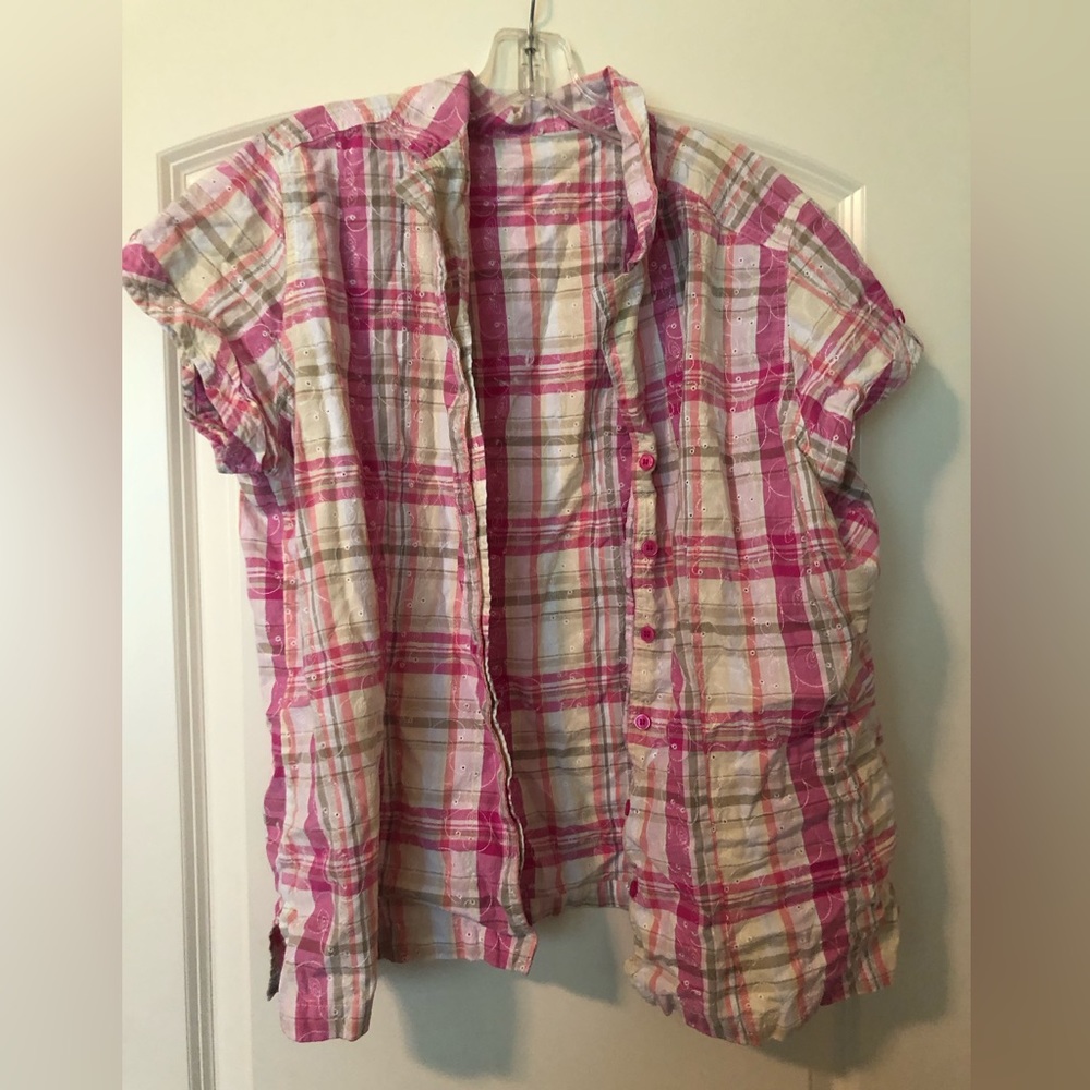 Pink and white plaid button up top